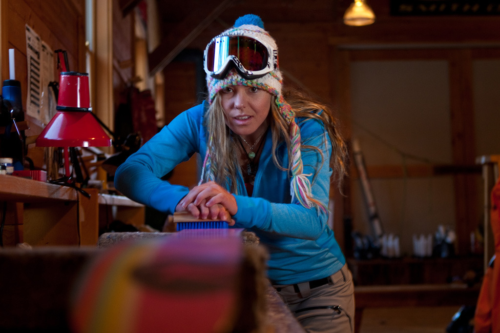 Lynsey Dyer waxes her skis