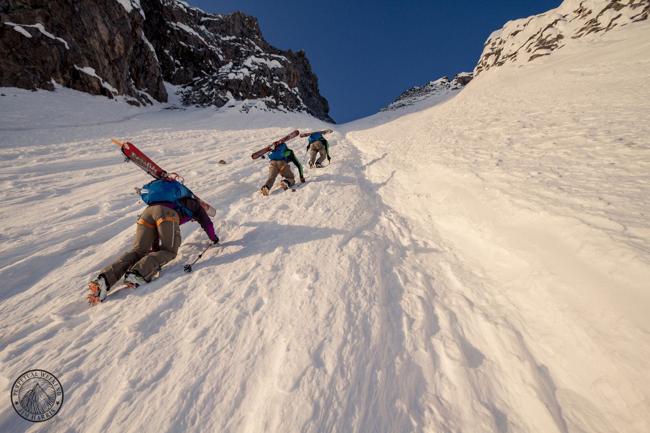 Tyler Jones leads a climb in the Waddington Range while Seth and Solveig Waterfall follow. Photo by Jim Harris