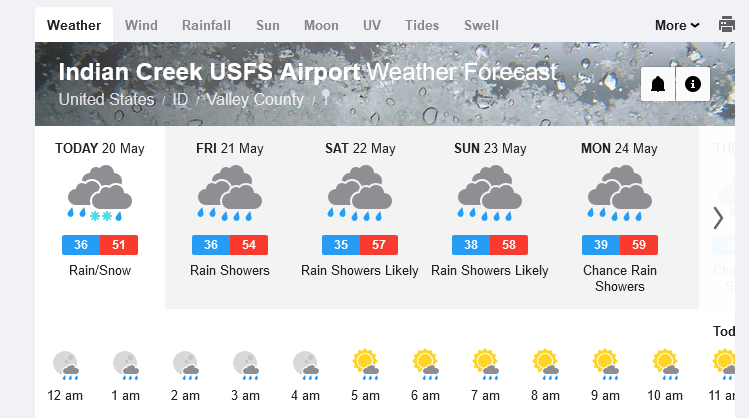 Name:  Screenshot_2021-05-20 Indian Creek USFS Airport Weather Forecast, ID - WillyWeather.png
Views: 2100
Size:  181.9 KB