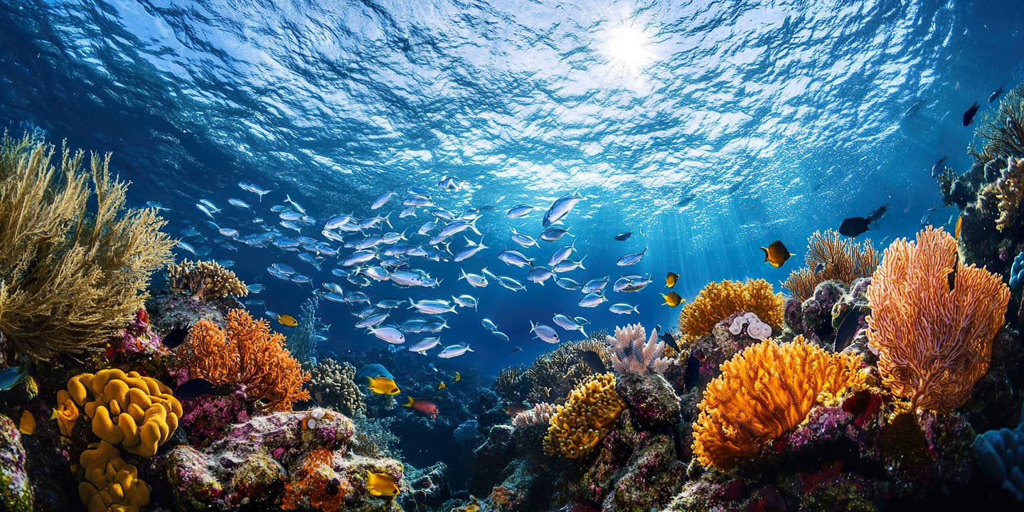 Vibrant coral reef teeming with colorful fish and marine life in clear, sunlit blue water.