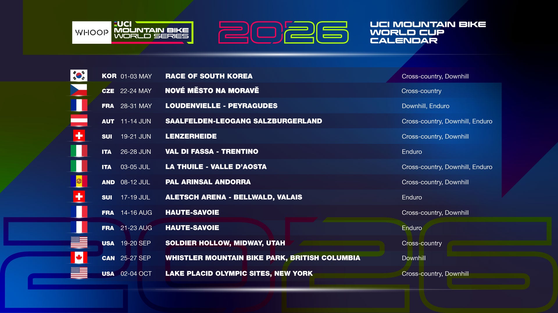 UCI Mountain Bike World Cup 2026 Calendar